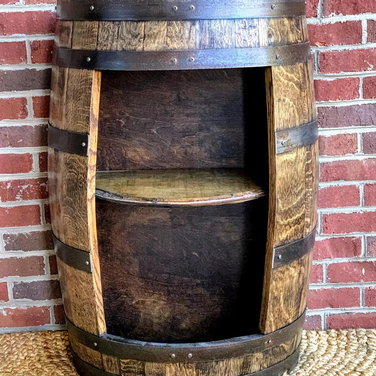 Half Whiskey Bourbon Barrel Cabinet Handcrafted from a Reclaimed Whiskey Barrel