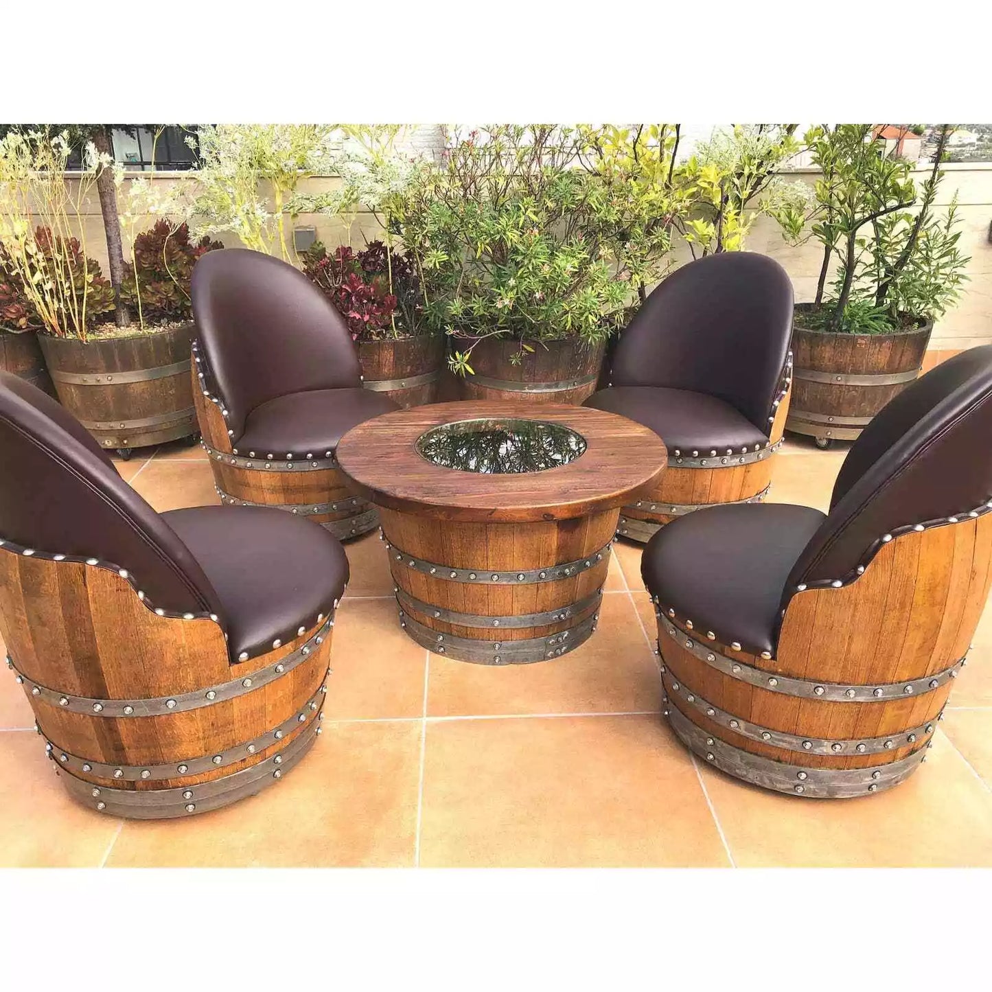 Wine Barrel 4-Chair Half-Barrel Table Set (Barrel Chair-Whiskey Barrel Table)