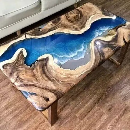 Custom Blue Epoxy Resin Dining Table Acacia Wood River Themed Hallway Centertop
