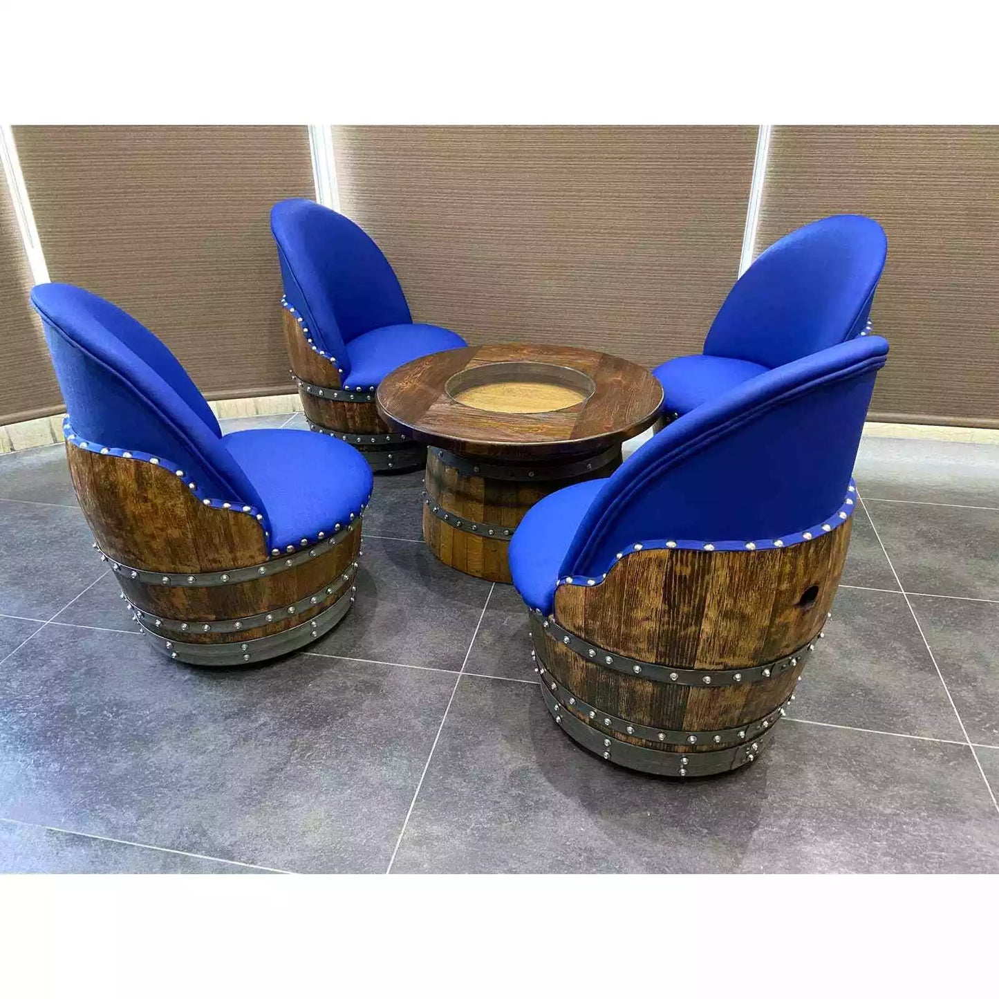 Wine Barrel 4-Chair Half-Barrel Table Set (Barrel Chair-Whiskey Barrel Table)